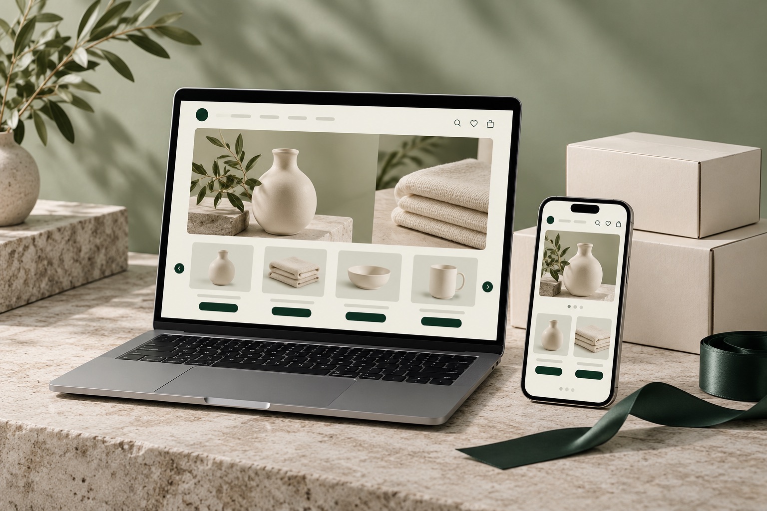 Designillustration af en webshop på computer og mobil ved siden af indpakkede varer.